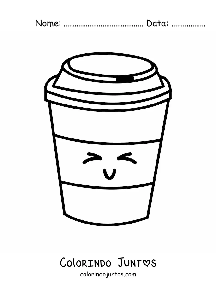 Desenho para colorir de um copo de cafe animado sorrindo de olhos fechados