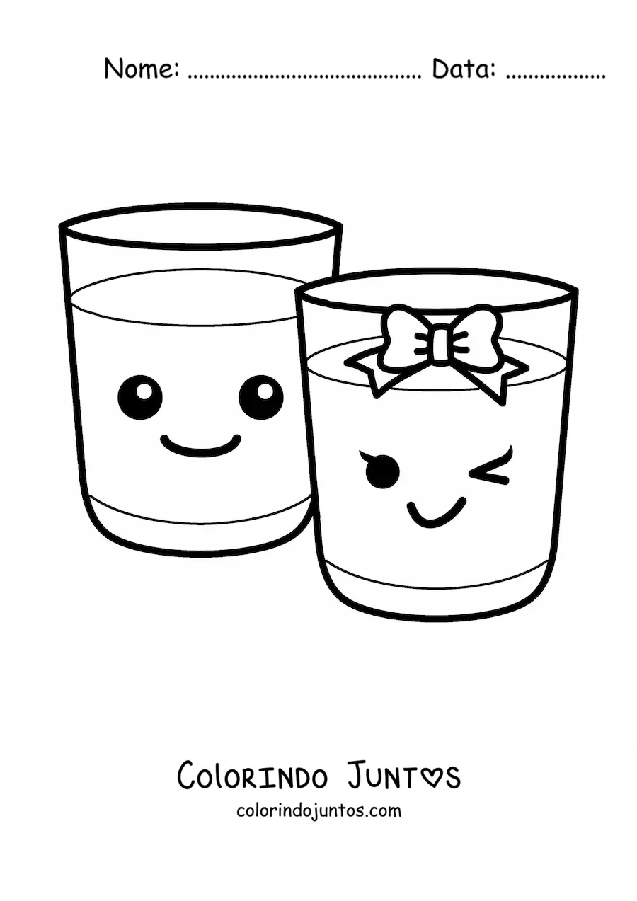 Desenho para colorir de um copo kawaii cheio decorado com um laco ao lado de outro copo kawaii cheio