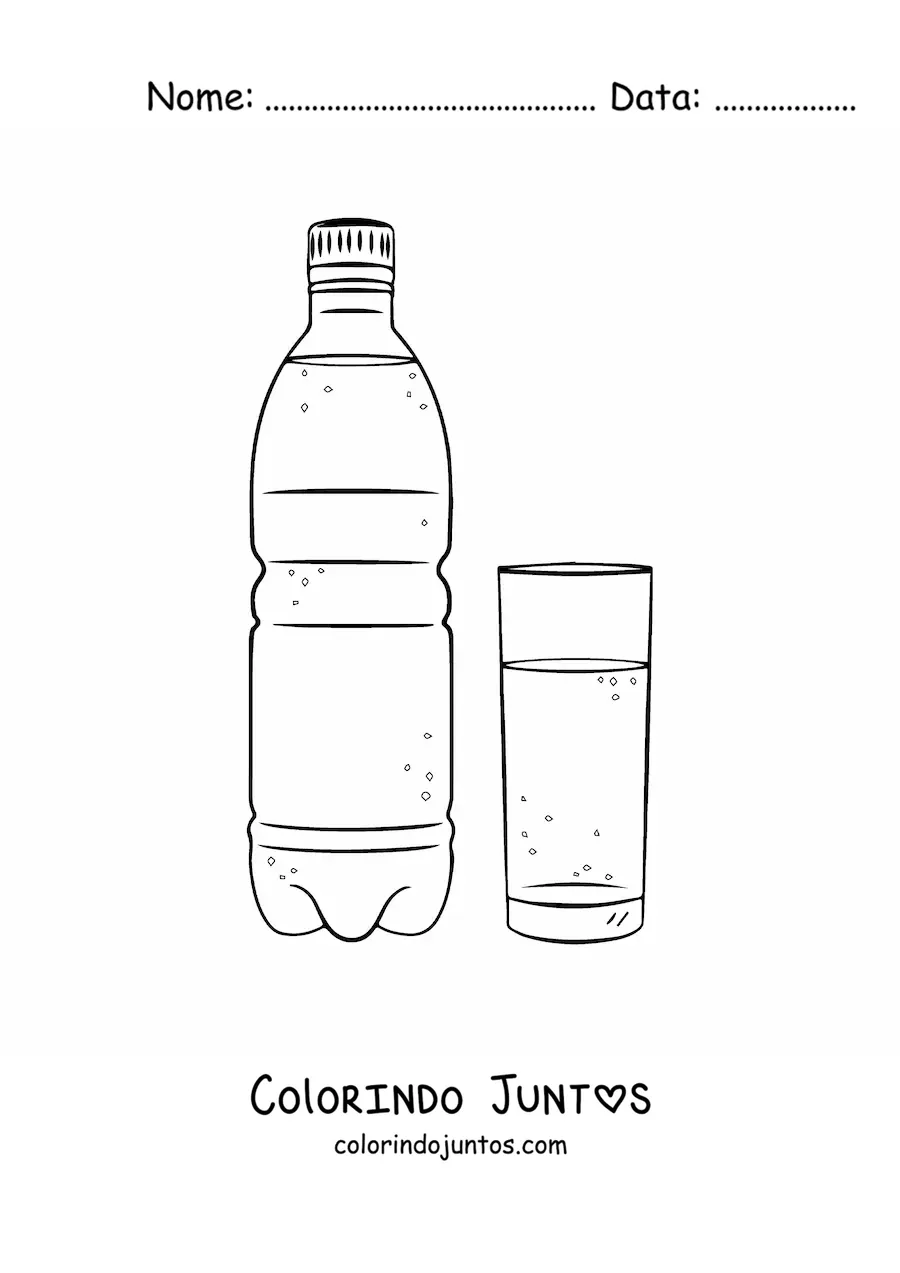 Desenho para colorir de uma garrafa ao lado de um copo de vidro cheio de agua