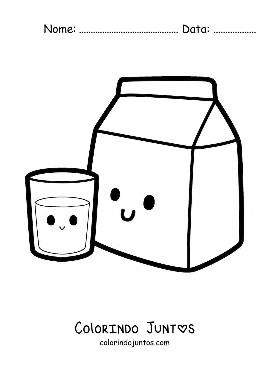 Desenho para colorir de um copo kawaii ao lado de uma caixa de leite kawaii
