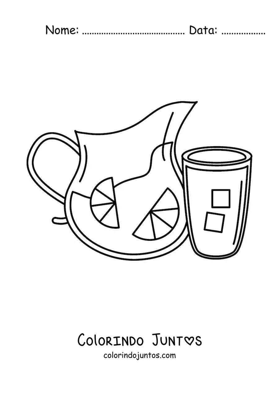 Desenho para colorir de um copo cheio ao lado de uma jarra cheia de limonada com gelo