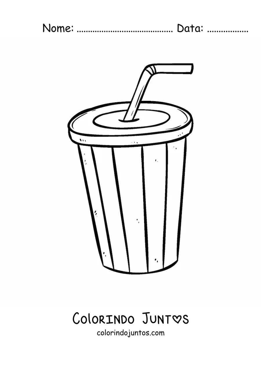 Desenho para colorir de um copo de refrigerante descartavel com um canudo dobrado