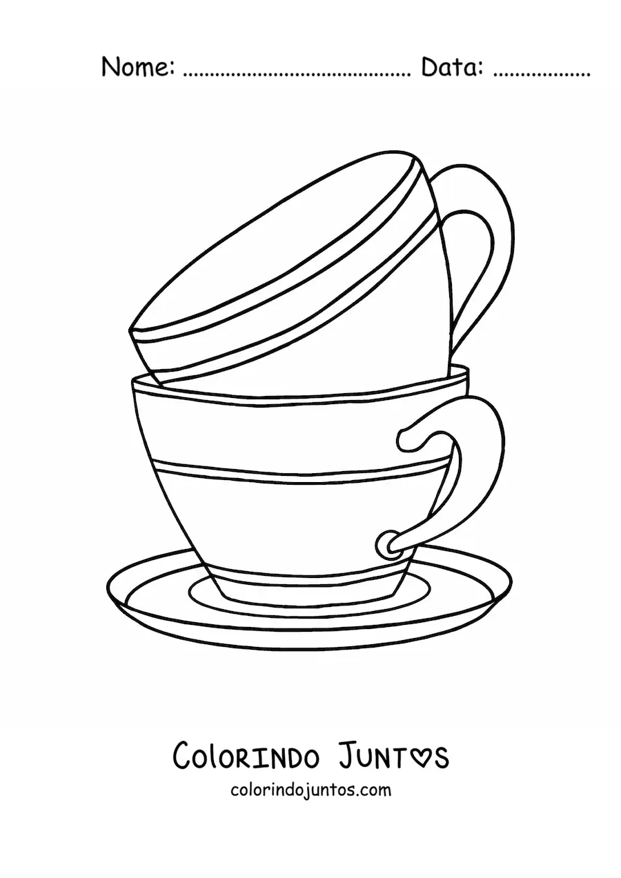 Desenho para colorir de uma xicara sobre uma xicara em um pires