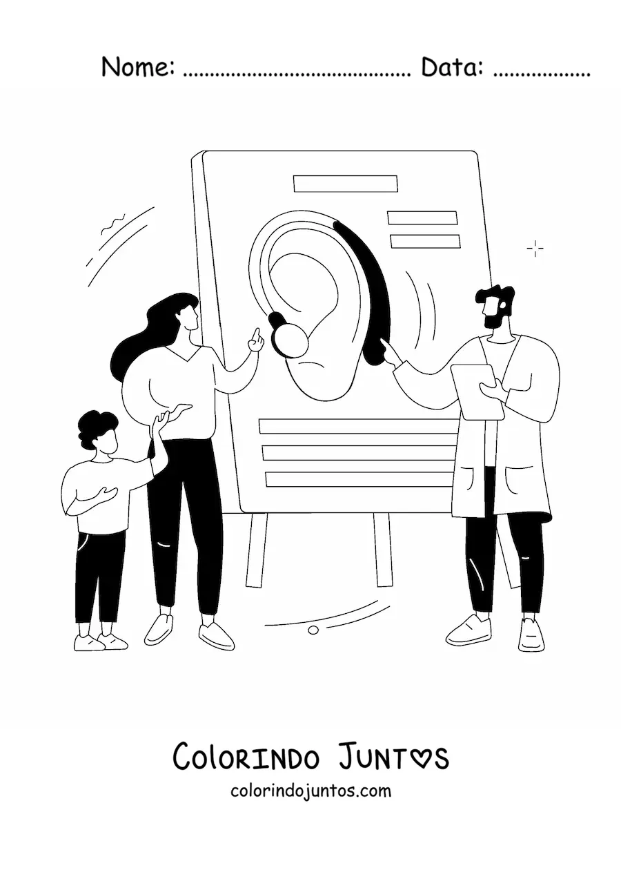 Desenho para colorir de um medico explicando aos seus pacientes como funciona a audicao