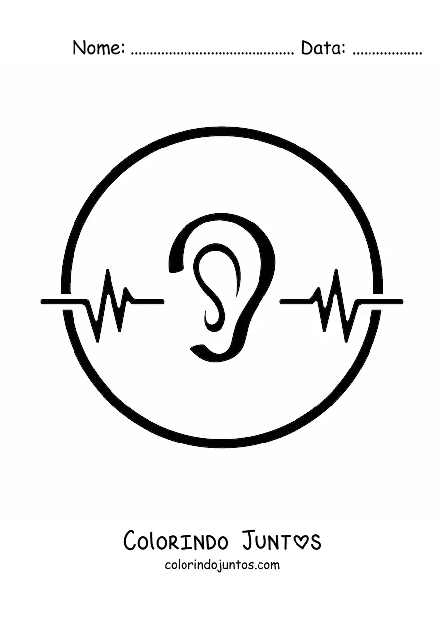 Desenho para colorir de um ouvido dentro de um circulo ao lado de linhas de ondas de audio