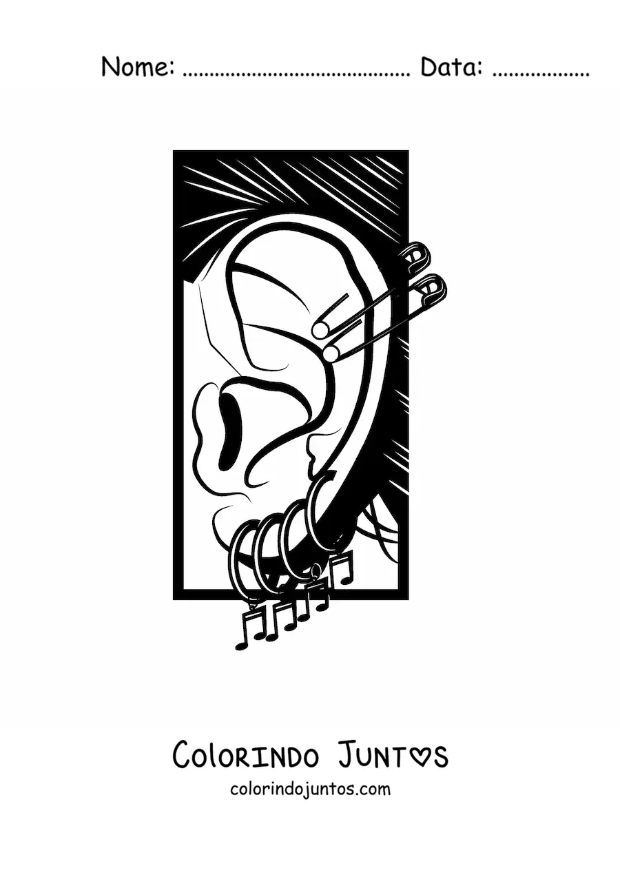 Desenho para colorir de uma orelha humana decorada com piercings