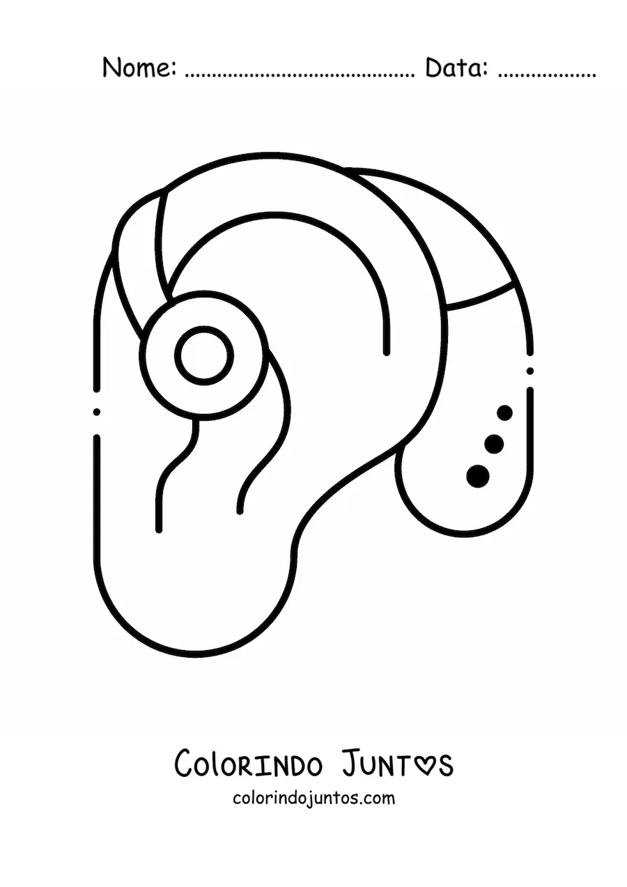 Desenho para colorir de um aparelho auditivo colocado em uma orelha