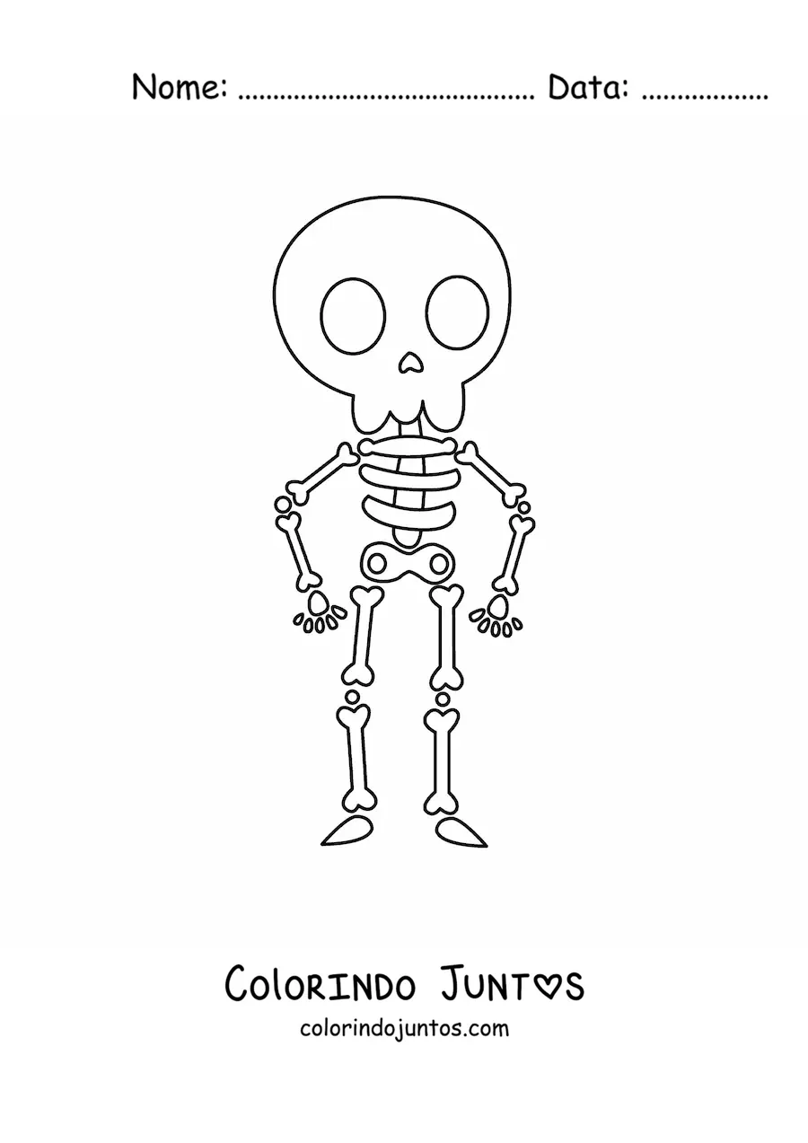 Desenho para colorir de um esqueleto humano kawaii inteiro