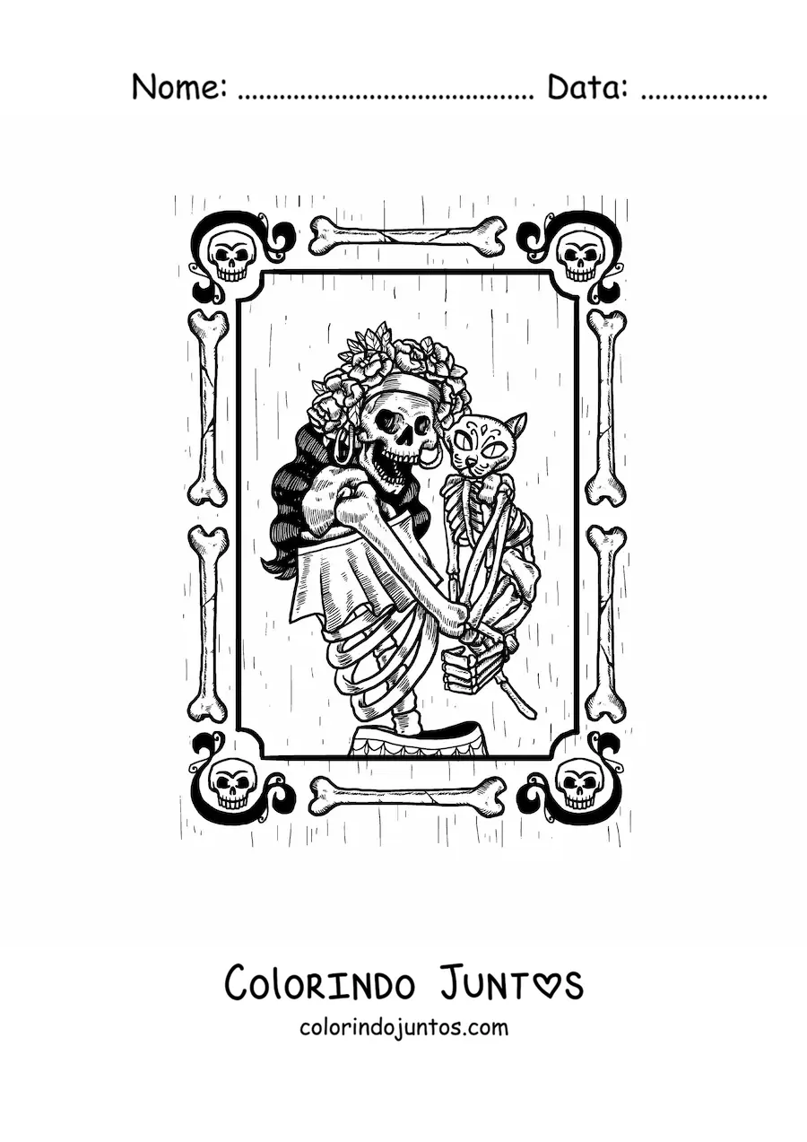Desenho para colorir do retrato de uma mulher esqueleto vestida para o Dia dos Mortos com um gato esqueleto