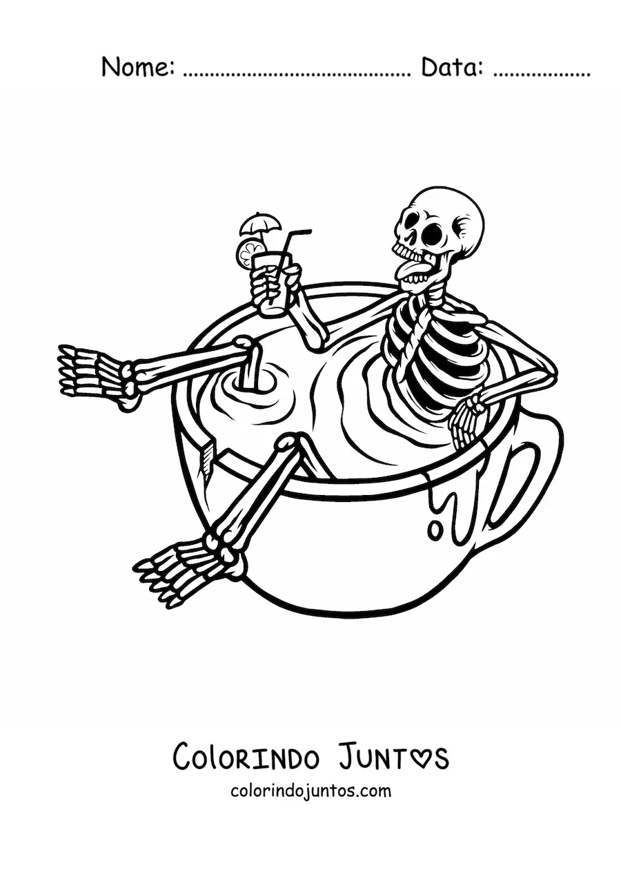 Desenho para colorir de um esqueleto humano animado tomando uma bebida refrescante sentado dentro de uma xicara cheia