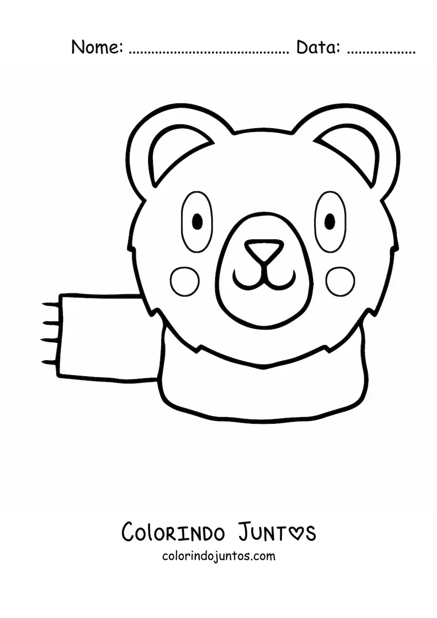 Desenho para colorir do rosto de um urso kawaii animado com cachecol