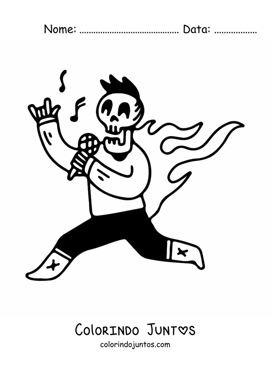 Desenho para colorir de um esqueleto humano vestido cantando rock com chamas nas costas