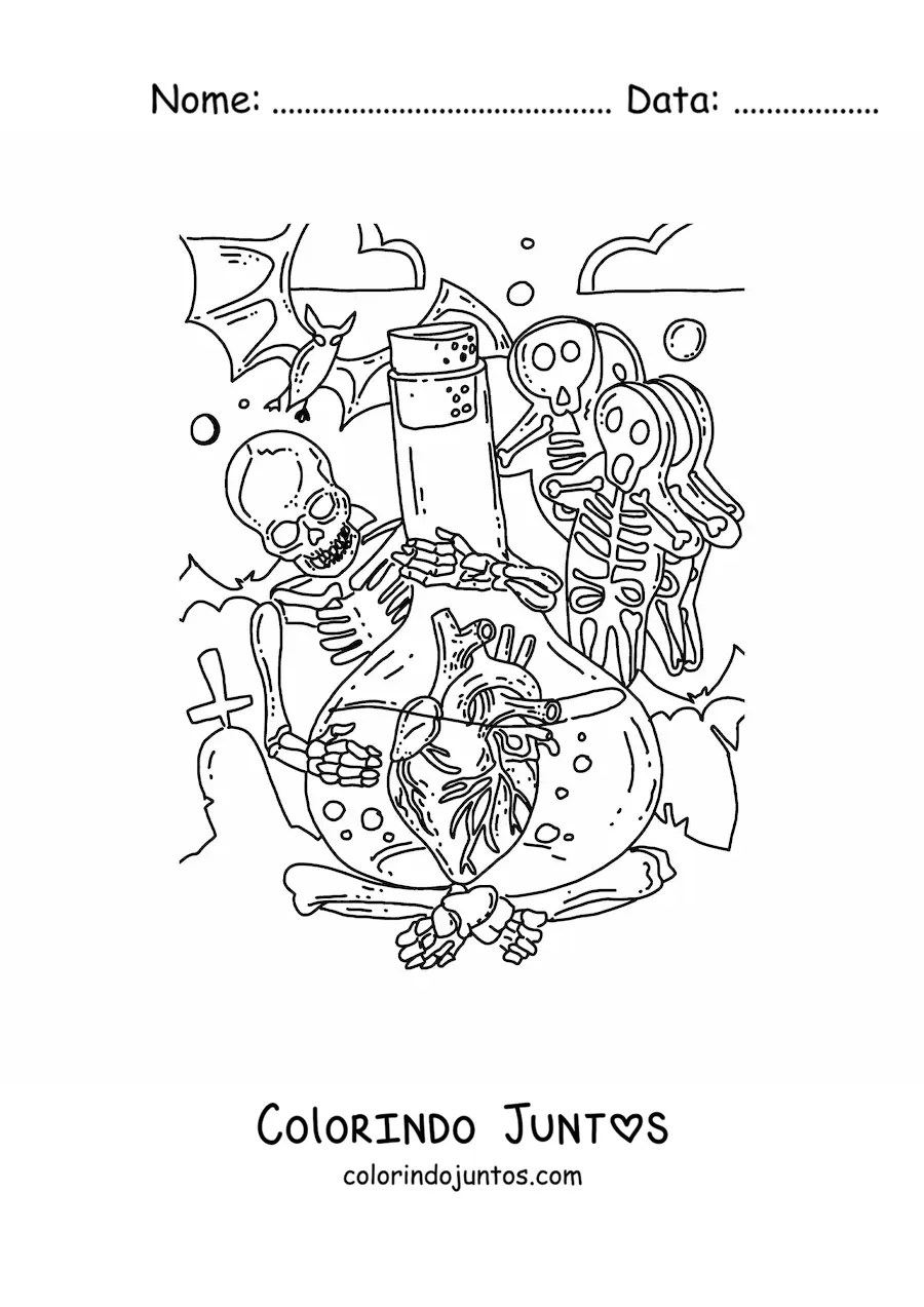 Desenho para colorir de um esqueleto segurando um frasco com um coracao humano cercado de decoracoes de Halloween