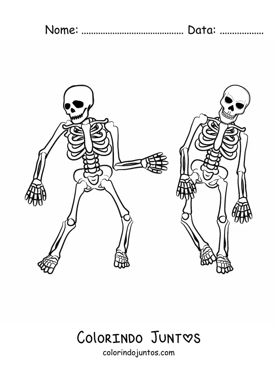 Desenho para colorir de dois esqueletos humanos dancando