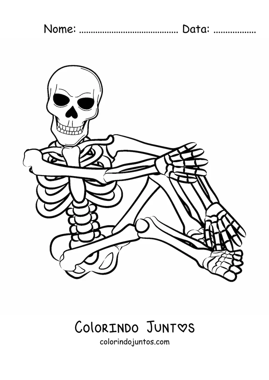 Desenho para colorir de um esqueleto humano sentado no chao com uma perna dobrada