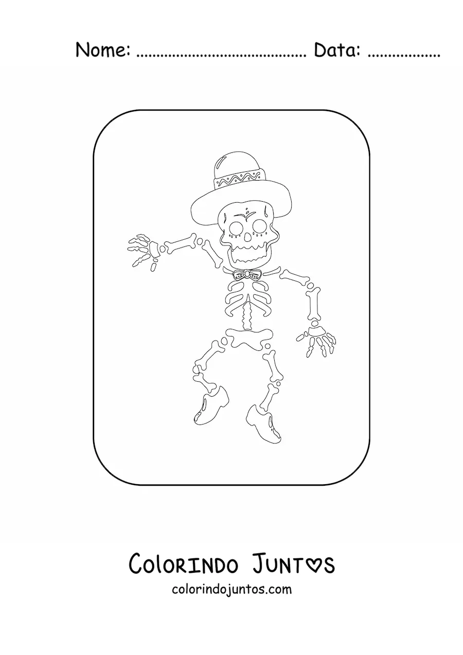 Desenho para colorir de um esqueleto humano dancando com um chapeu no Dia dos Mortos