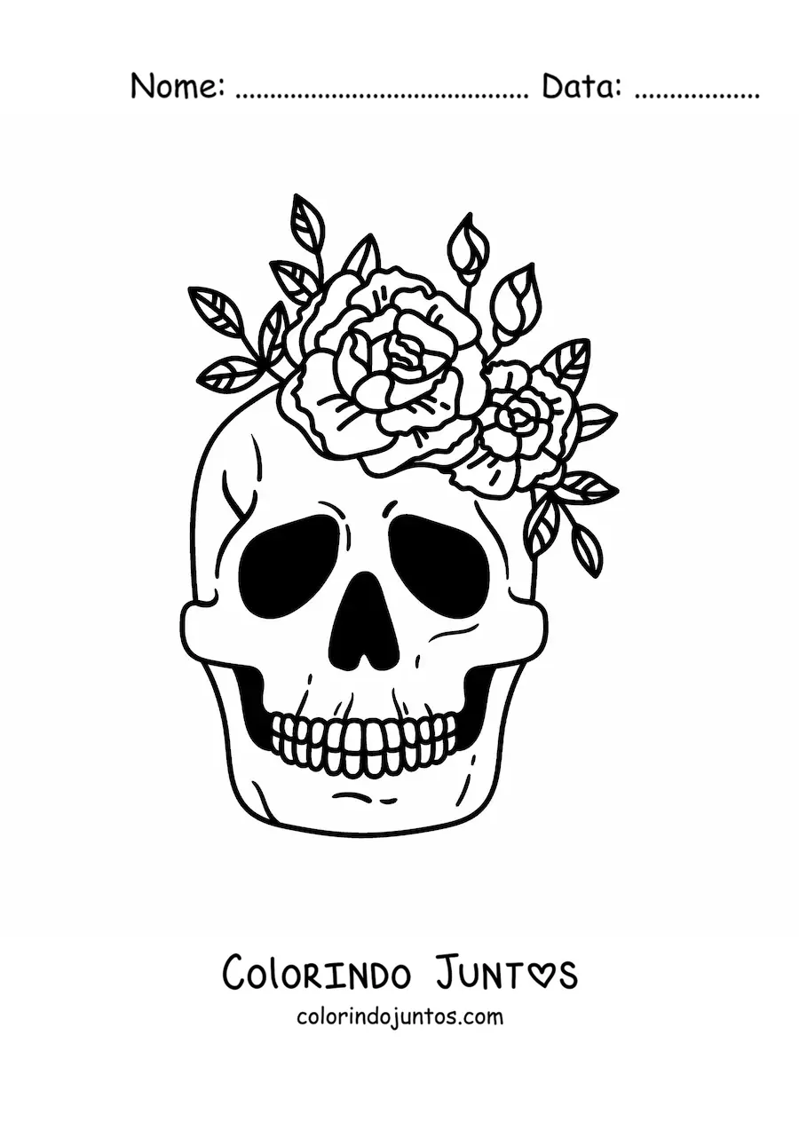 Desenho para colorir de uma caveira decorada com flores na parte de cima