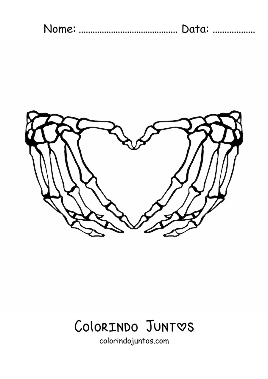Desenho para colorir dos ossos de duas maos juntas formando um coracao