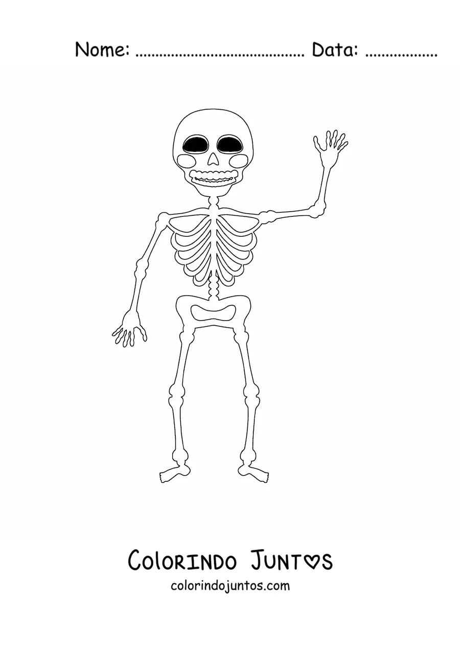 Desenho para colorir de um esqueleto humano acenando sorridente