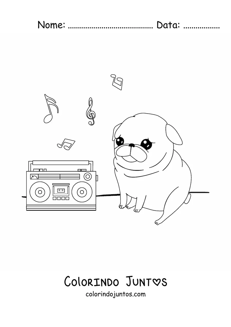 Desenho para colorir de um pug kawaii ouvindo musica no radio com notas musicais no ar