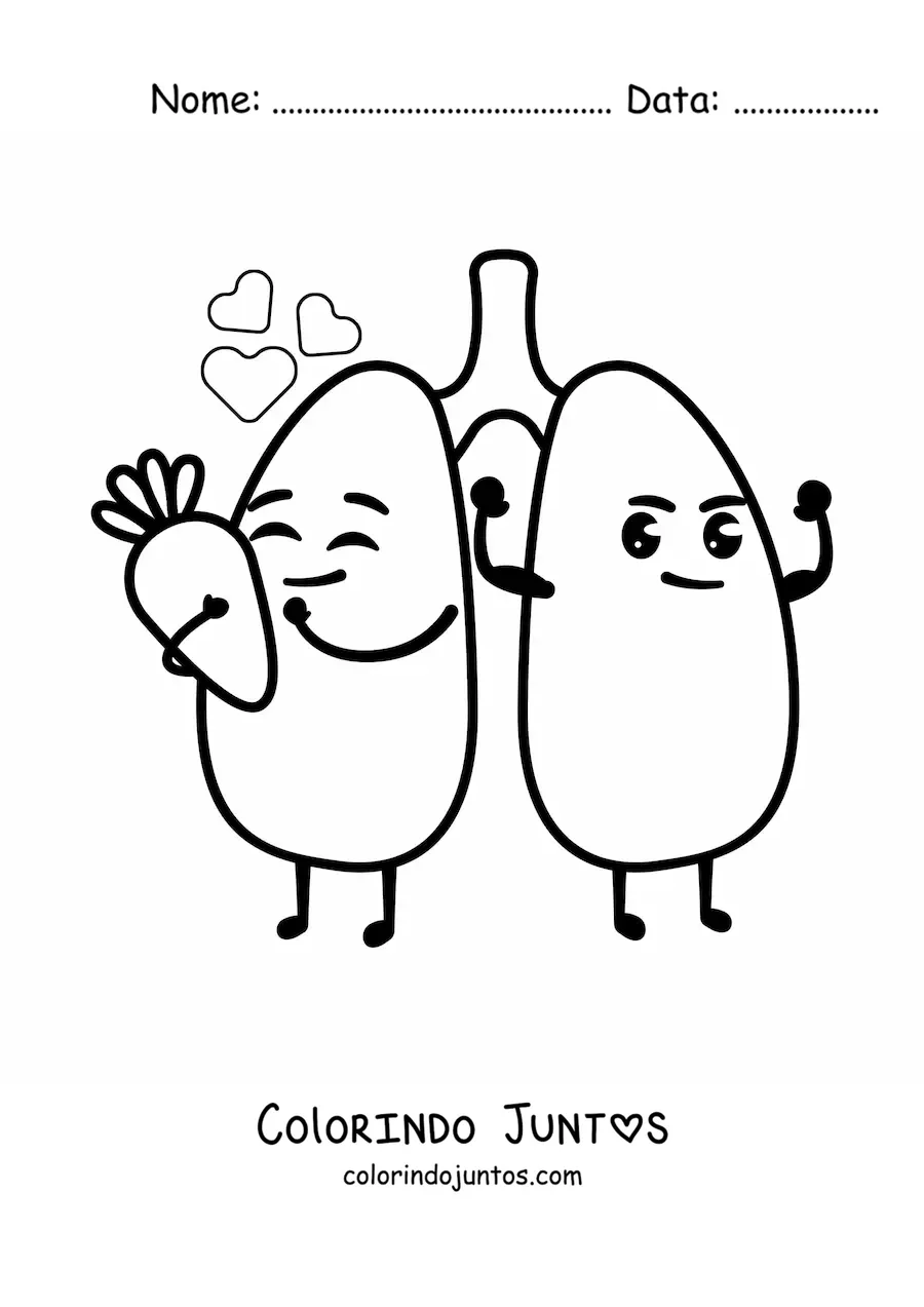 Desenho para colorir de um par de pulmoes animados alegres segurando uma saudavel cenoura