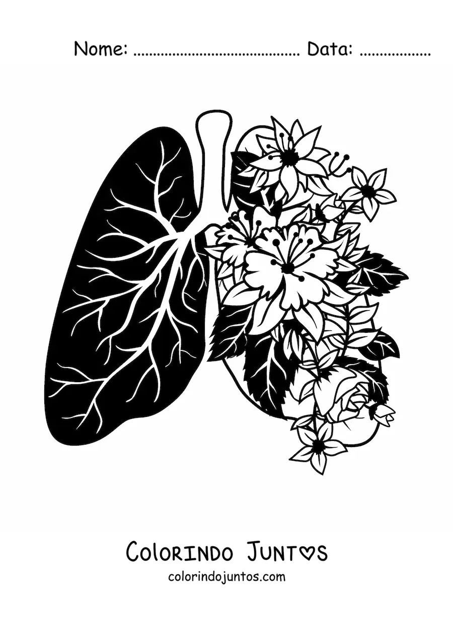 Desenho para colorir de pulmoes com flores brotando deles