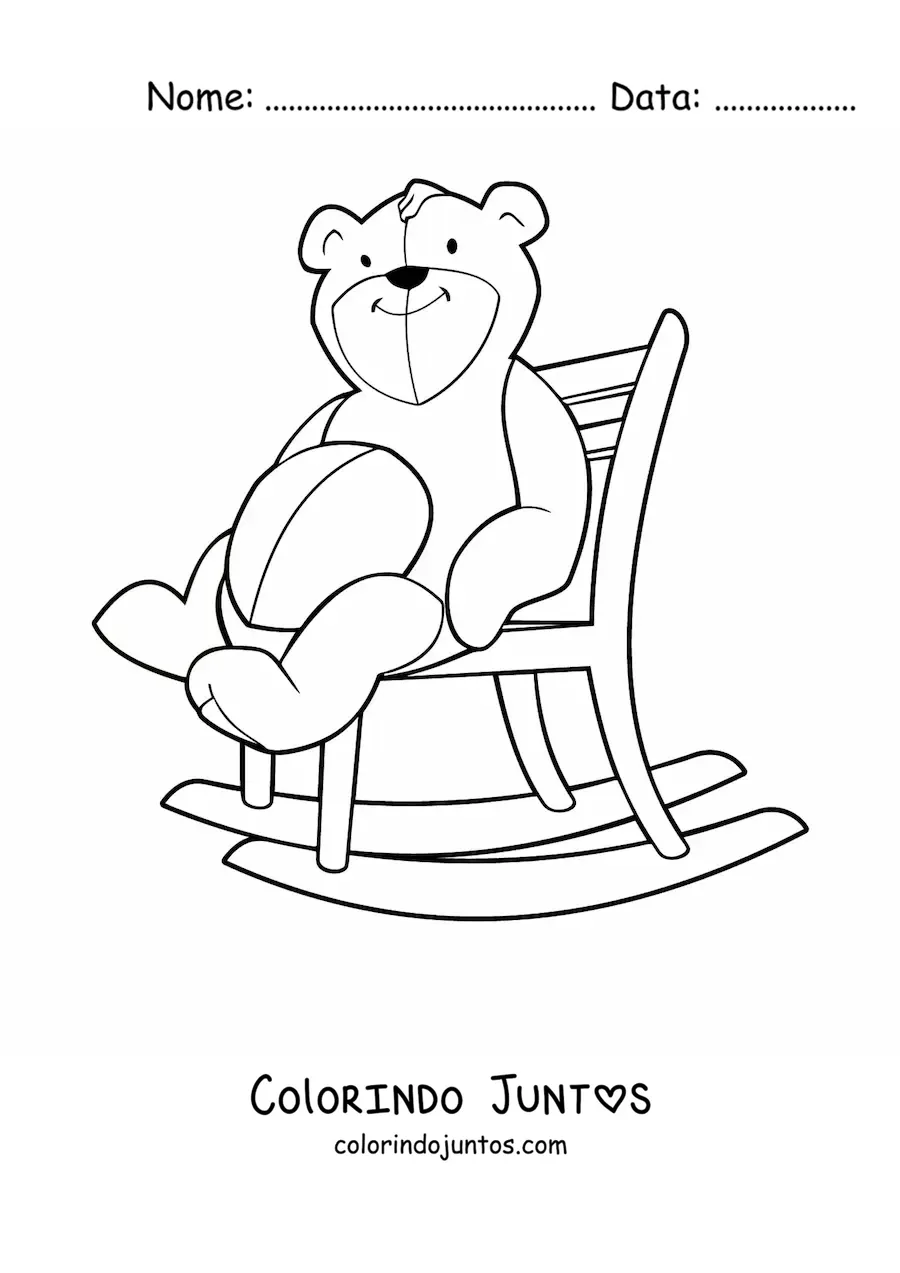 Desenho para colorir de um ursinho de pelucia sentado sobre uma cadeira de balanco