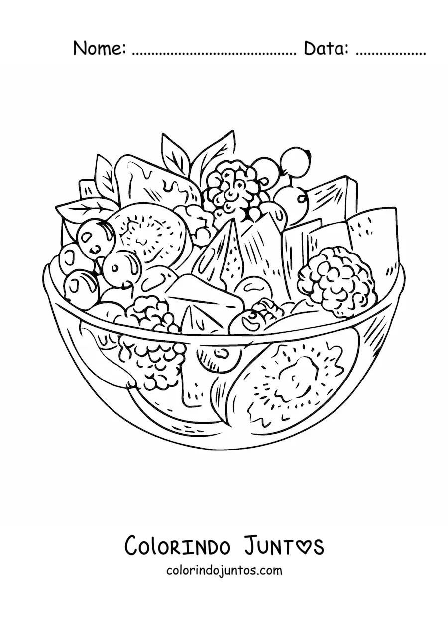 Desenho para colorir de uma salada de frutas realista em um recipiente de vidro