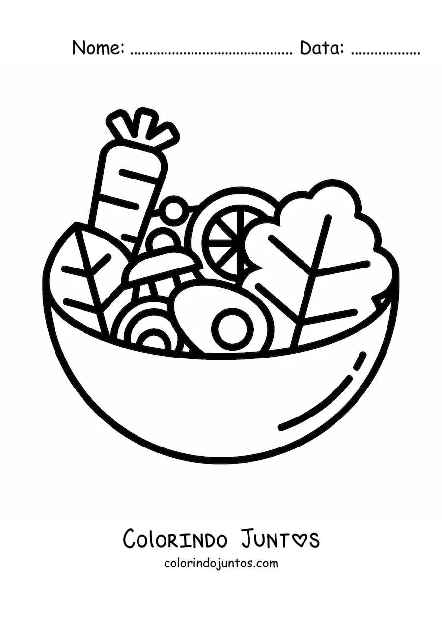 Desenho para colorir de salada com alface, cenoura e ovos em um recipiente