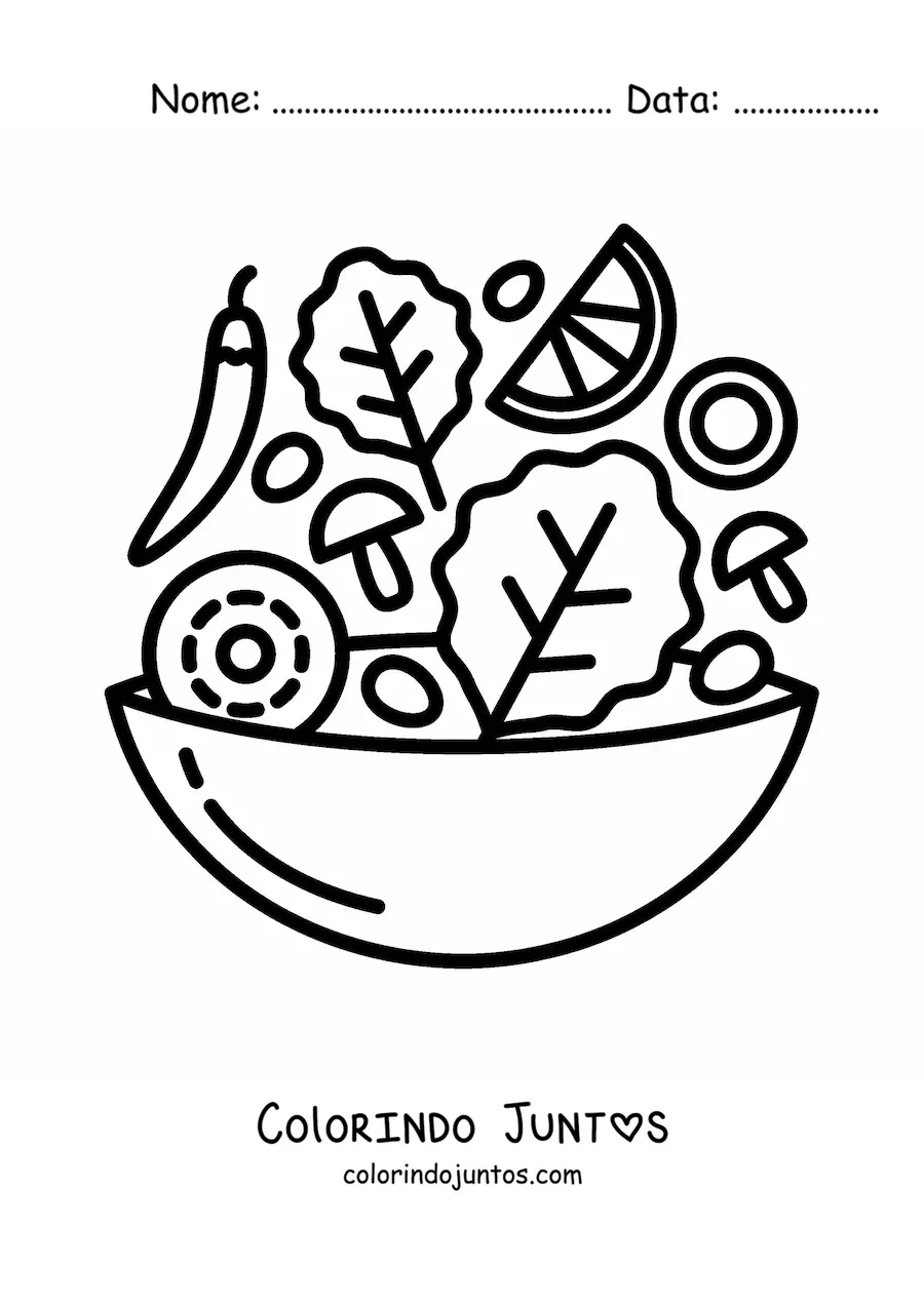 Desenho para colorir de salada com pimentoes, alface e cogumelos em um recipiente