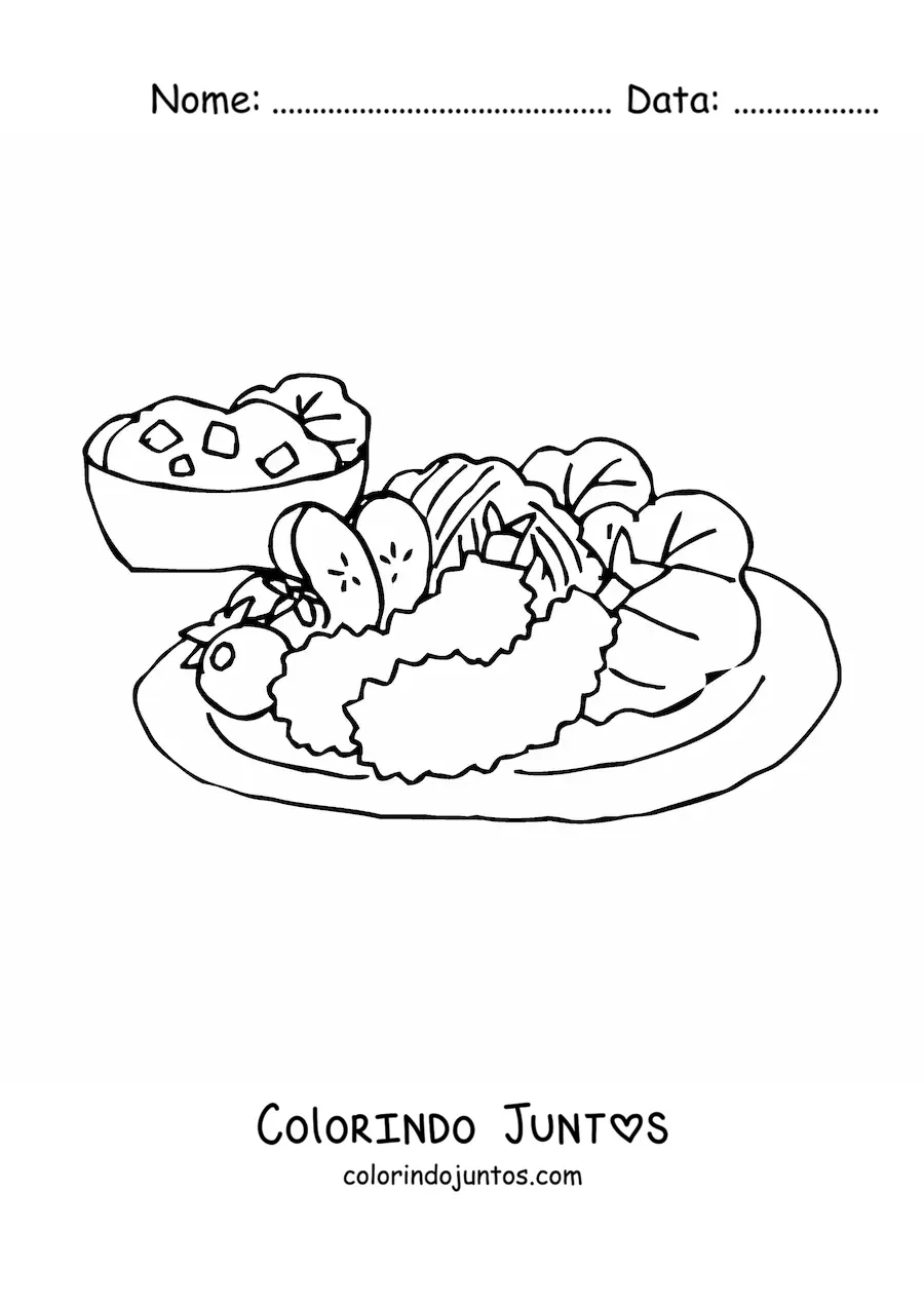 Desenho para colorir de um prato com camaroes fritos e salada