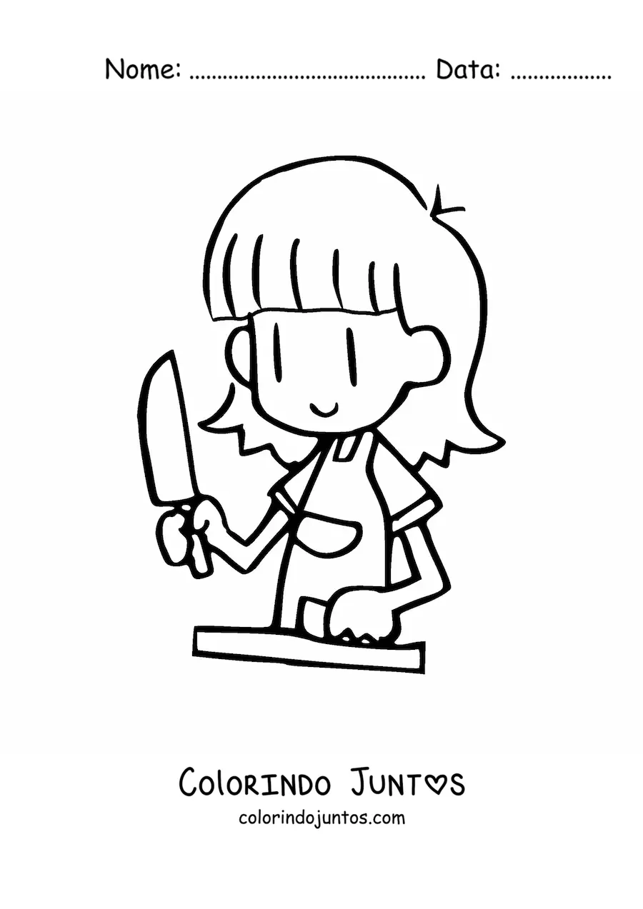 Desenho para colorir de uma menina cortando uma cenoura para preparar uma salada