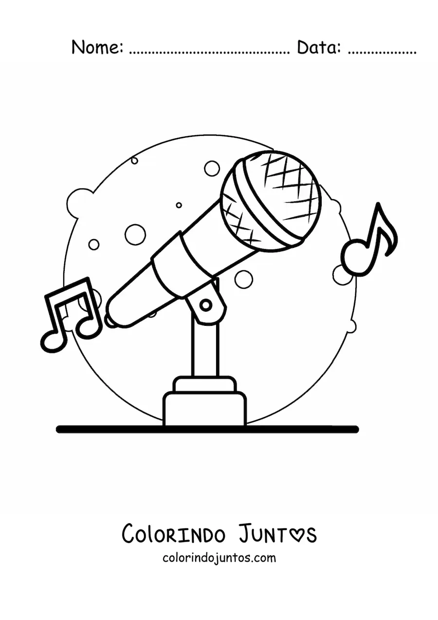 Desenho para colorir de um microfone sem fio no suporte com notas musicais ao fundo
