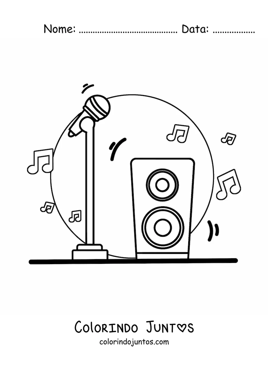 Desenho para colorir de um microfone de pe com alto-falante, com notas musicais ao fundo