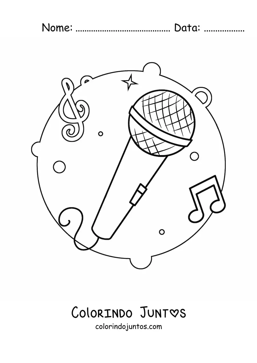 Desenho para colorir de um microfone com notas musicais ao fundo