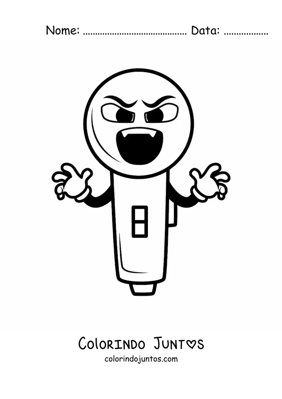 Desenho para colorir de um microfone animado com presas assustando no Halloween