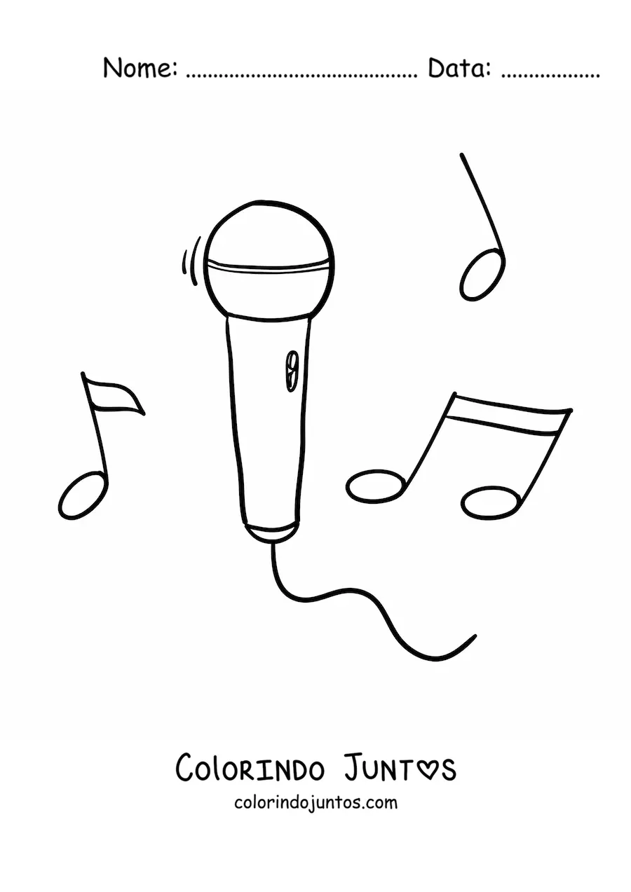 Desenho para colorir de um microfone com notas musicais ao fundo