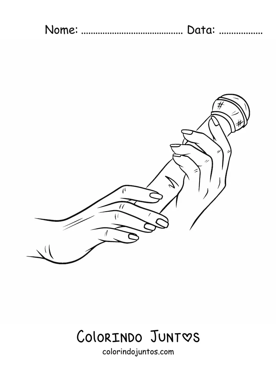 Desenho para colorir de duas maos segurando um microfone sem fio