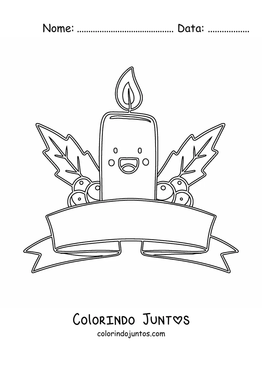Desenho para colorir de uma vela natalina kawaii animada com visco e fita