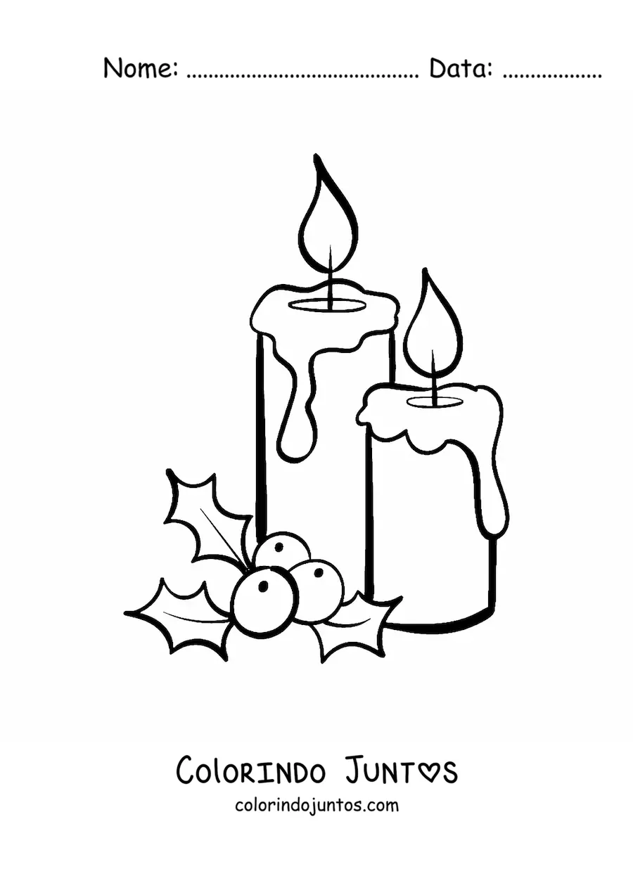 Desenho para colorir de duas velas natalinas com visco