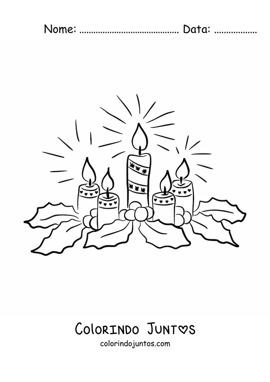 Desenho para colorir de cinco velas do Advento com visco