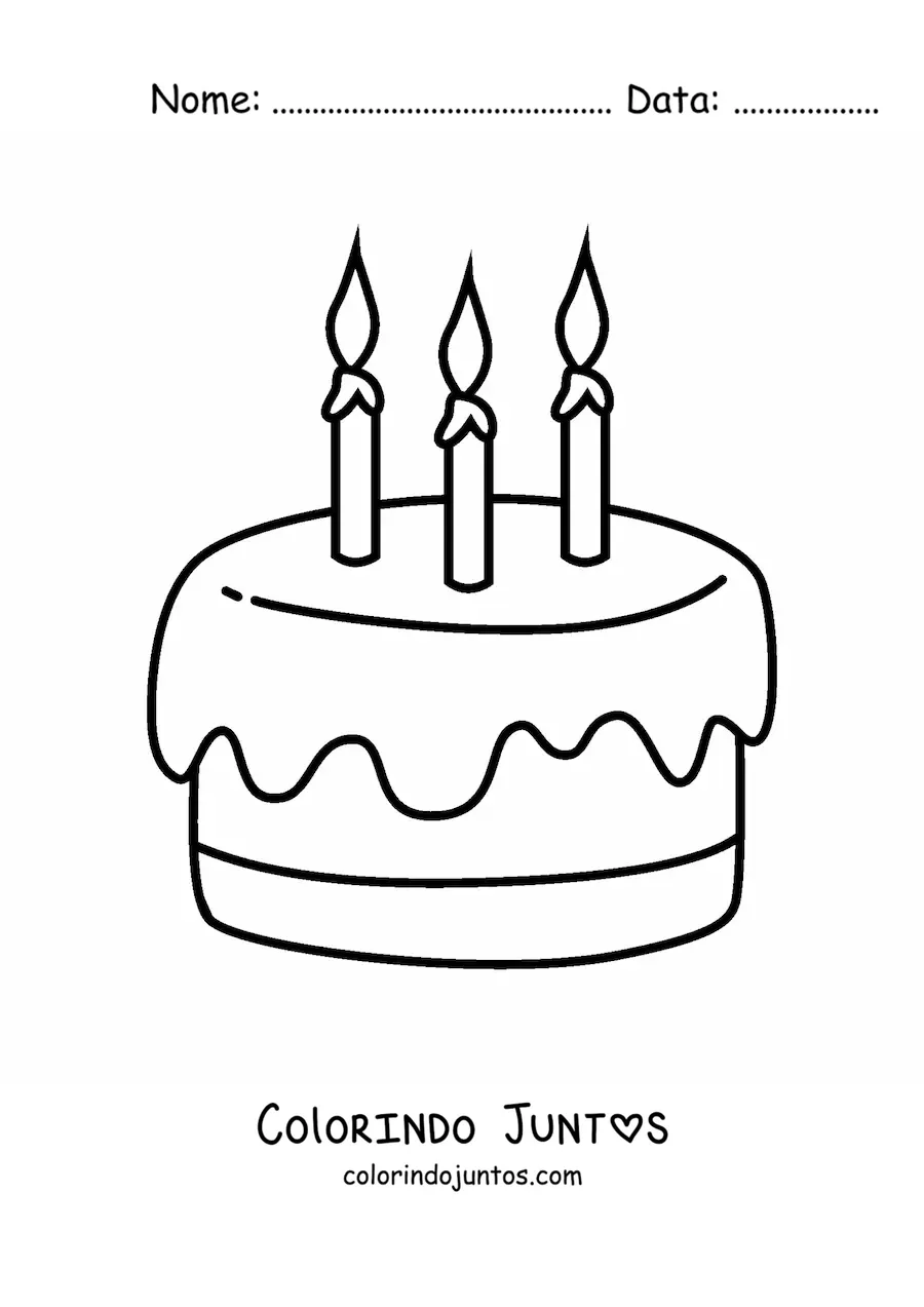 Desenho para colorir de tres velas em um bolo de aniversario