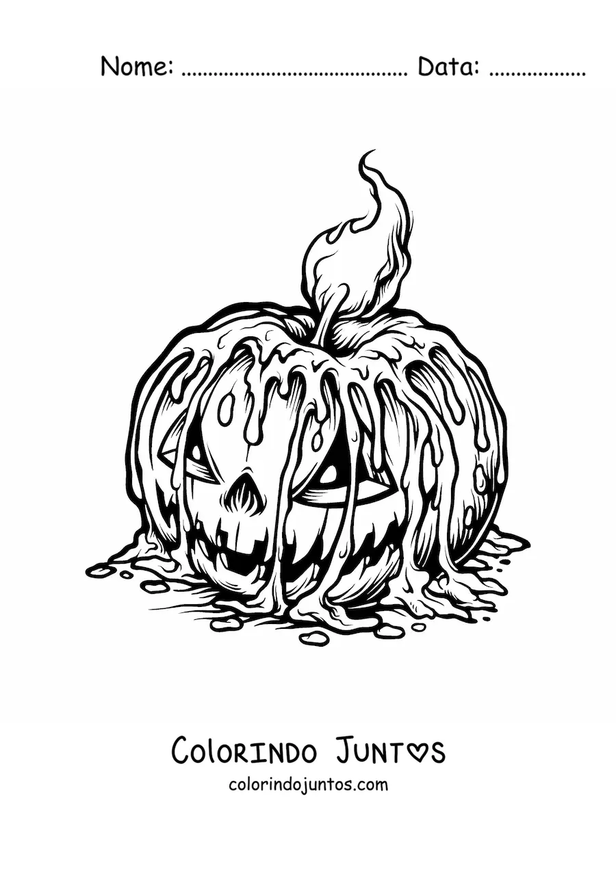 Desenho para colorir de uma vela de Halloween derretida sobre uma abobora assustadora