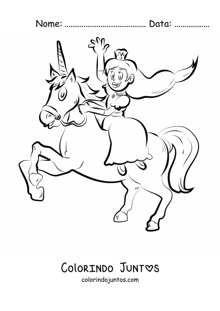 Desenho para colorir de uma princesa montada em um unicórnio e acenando
