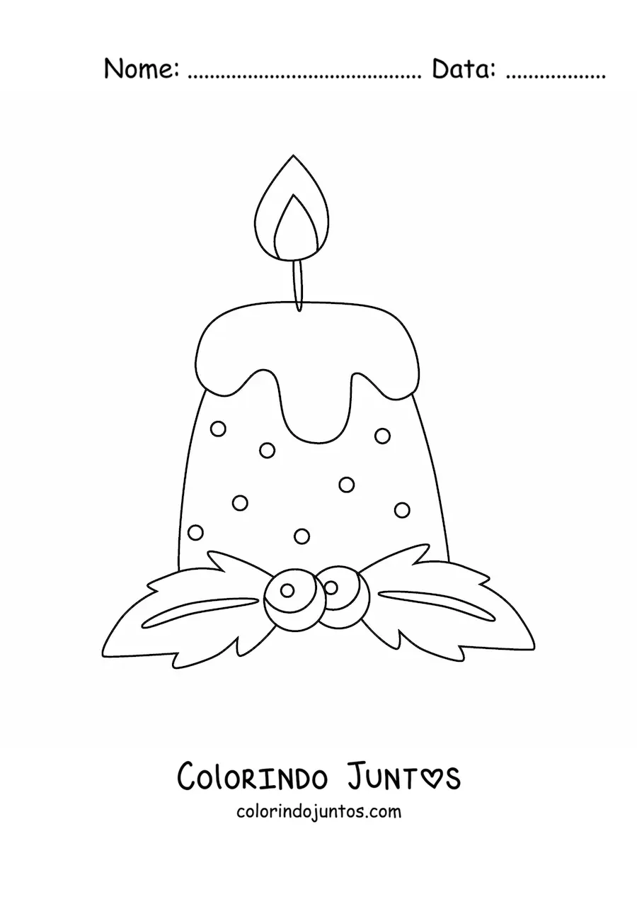 Desenho para colorir de uma vela natalina com bolinhas e visco