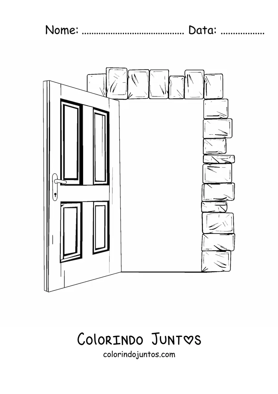 Desenho para colorir de uma porta de madeira aberta com moldura de tijolos