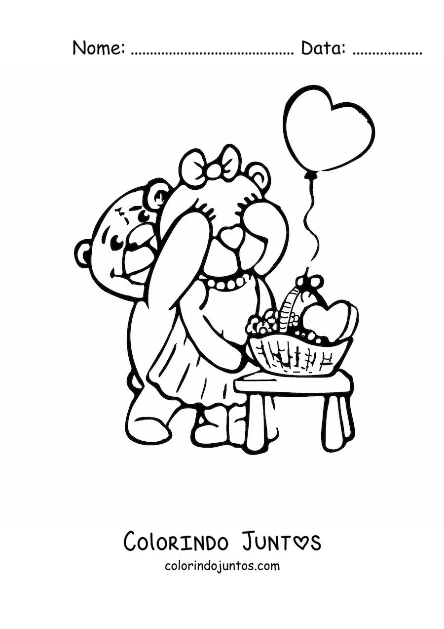 Desenho para colorir de um casal de ursos animados apaixonados