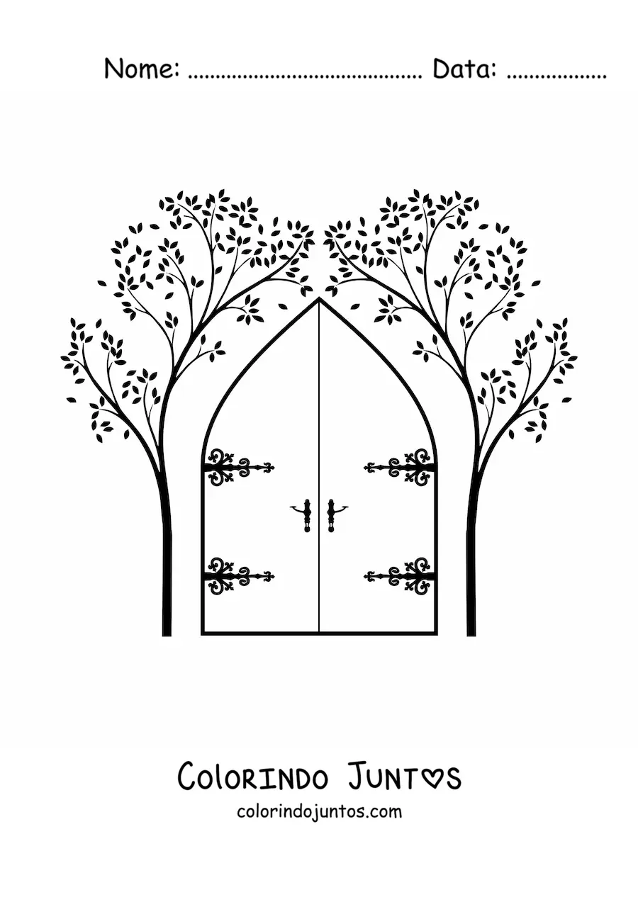 Desenho para colorir de uma porta com duas arvores nas laterais