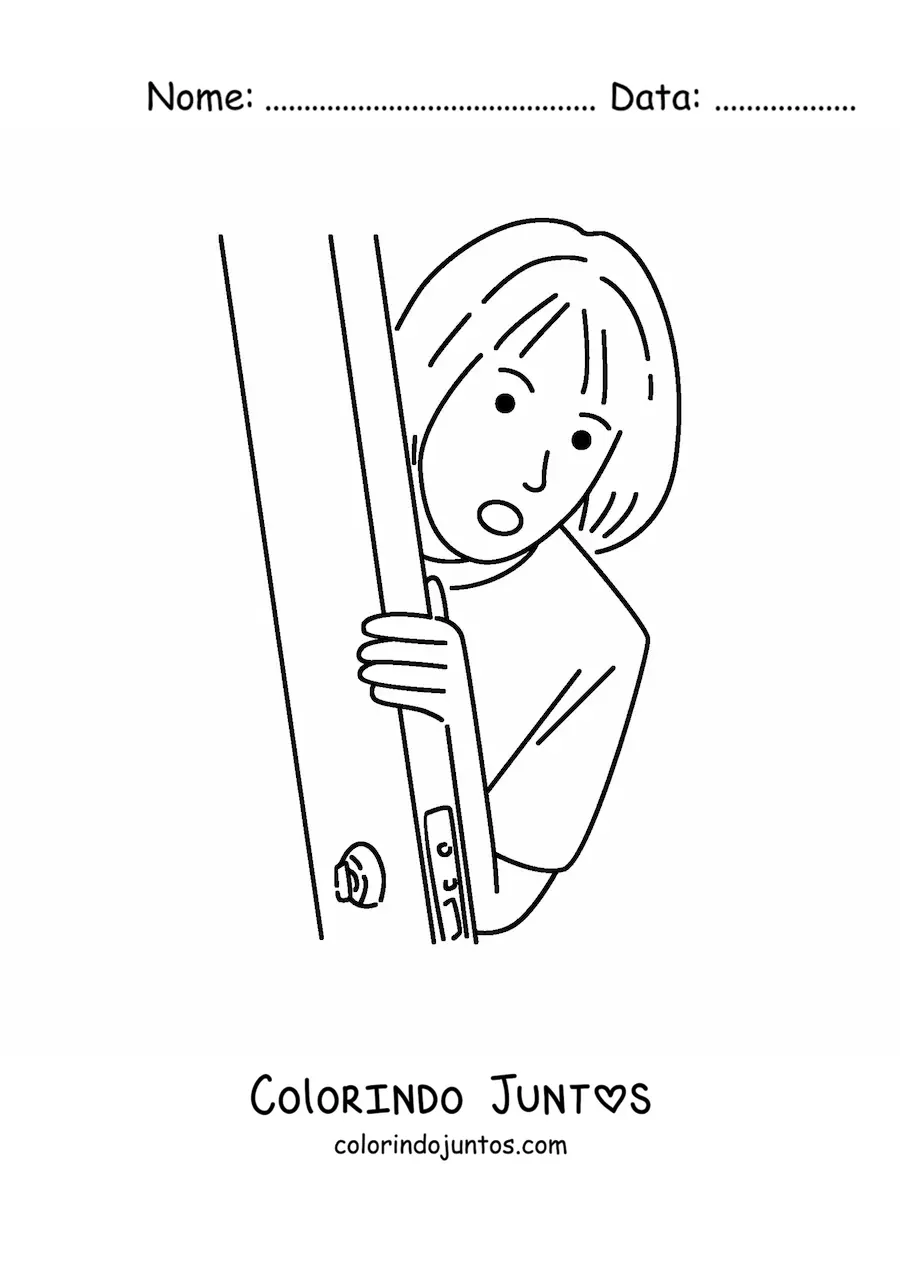 Desenho para colorir de uma menina espiando atras de uma porta