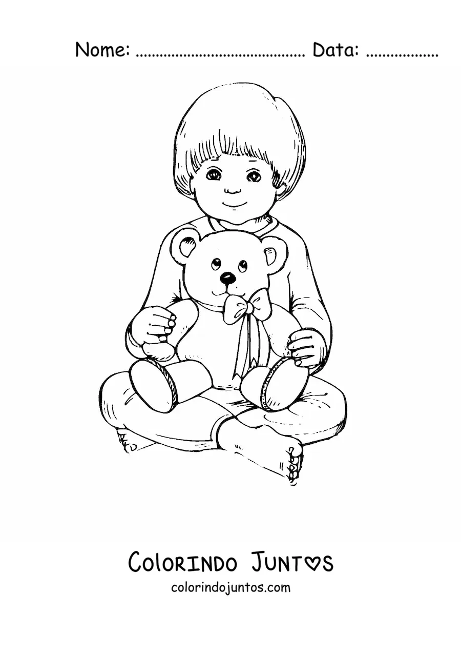 Desenho para colorir de um menino sentado segurando um ursinho de pelucia